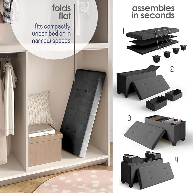 STORAGEBUD Storage Ottoman Bench with Bins, 30-in Storage Bench for Bedroom End of Bed, Folding Foot Rest Ottoman for Living Room Max 660lbs, Velvet Ottomans, Grey