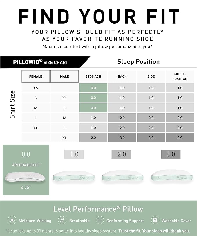 Bedgear Level Cuddle Performance Pillow - Firm Bed Pillow for Side Sleepers - Moisture Wicking Removable Cover - Size 0.0
