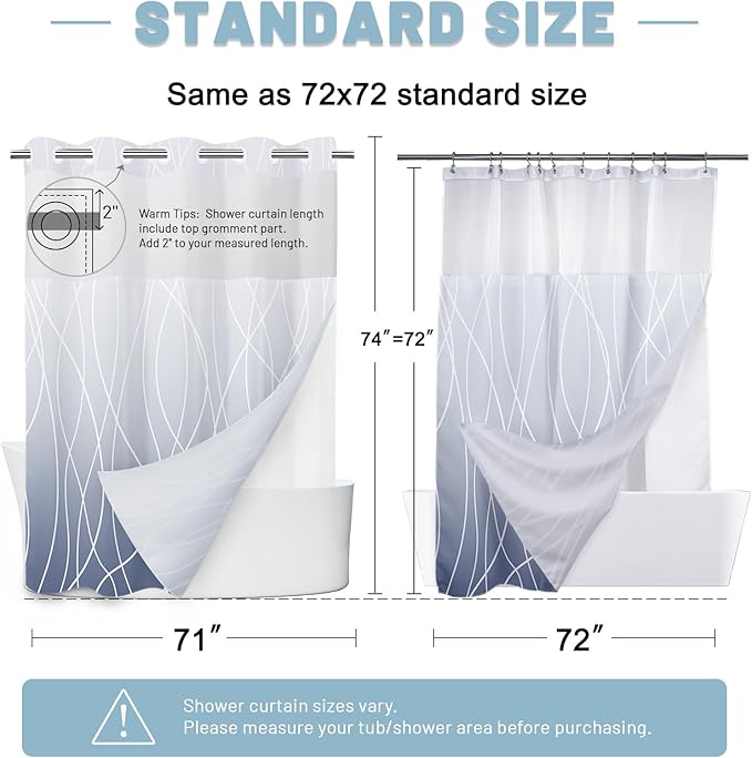 No Hook Ombre Blue Striped Shower Curtain with Snap in Liner Set - Hotel Shower Curtain and Liner Set with See Through Mesh Top Window,Machine Washable, 71x74 INCH