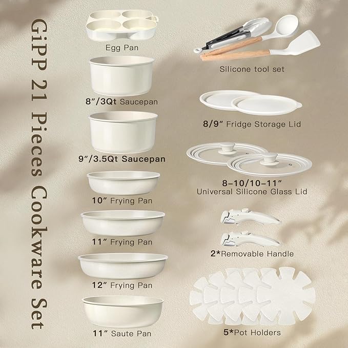 GiPP Ceramic Pots and Pans Set Non Stick, Nonstick Detachable Handle Cookware Sets, Healthy Non Toxic PFAS PFOA & PTFE Free, Dishwasher ＆Oven Safe, Induction Kitchen Pot and Pan, 21 Piece Cream