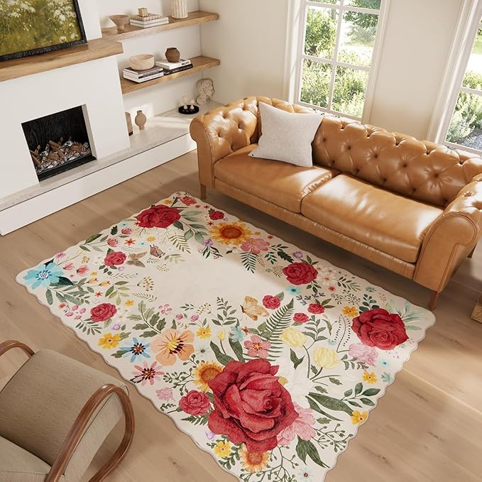 Washable Floral Area Rugs for Living Room, 5'x7' Beige Soft Non-Slip Bedroom Rug Stain Resistant Lightweight Boho Vintage Low-Pile Throw for Dining Room Office