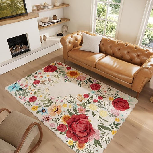 Washable Floral Area Rugs for Living Room, 5'x7' Beige Soft Non-Slip Bedroom Rug Stain Resistant Lightweight Boho Vintage Low-Pile Throw for Dining Room Office