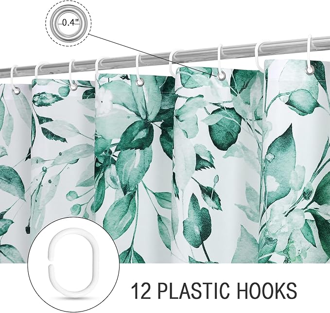 Gibelle Small Stall Shower Curtain 36 x 72, Narrow Teal Floral Shower Curtain for Bathroom, Watercolor Plant Eucalyptus Leaves Fabric Shower Curtain Set with Hooks