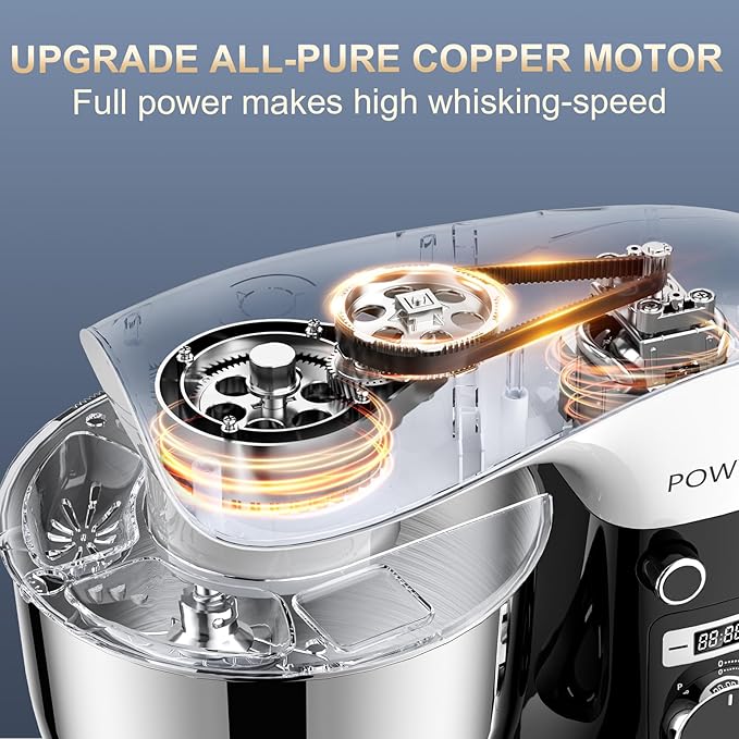 Stand Mixer, POWWA 6.5 QT 10 Speeds Tilt-Head Electric Stand Mixer, 3-In-1 Kitchen Mixer with Bowl, Dough Hook, Whisk and Beater, Food Mixer for Baking and Daily Use (Black White)