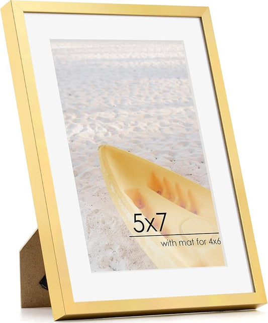 5x7 Gold Picture Frame | Metal 5x7 Frame With Mat For 4x6 | 5 x 7 Aluminum Photo Frame | Plexiglass And Hanging Hardware Included | 5 By 7 Picture Frame | Gold