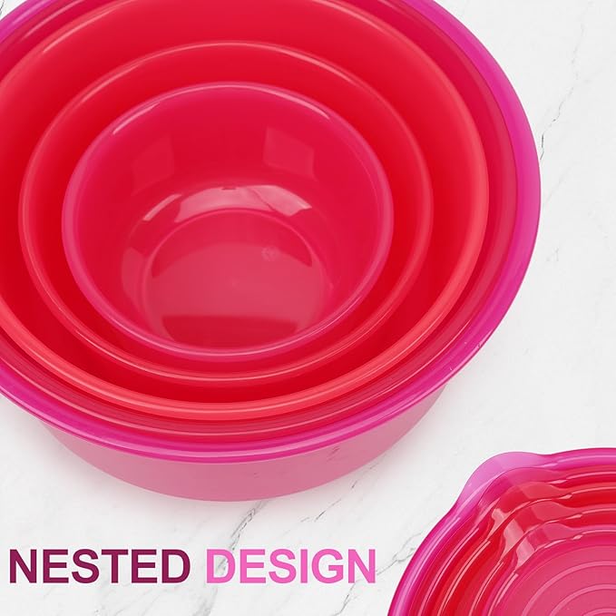 Large Plastic Mixing Bowls with Lids Set, 5PCS Stylish Ombre Pink Nesting Salad Bowls with Airtight Lids, BPA-Free Kitchen Bowls, Size 4.65, 3.7, 2.75, 1.43, 0.74QT, Great for Mixing & Serving