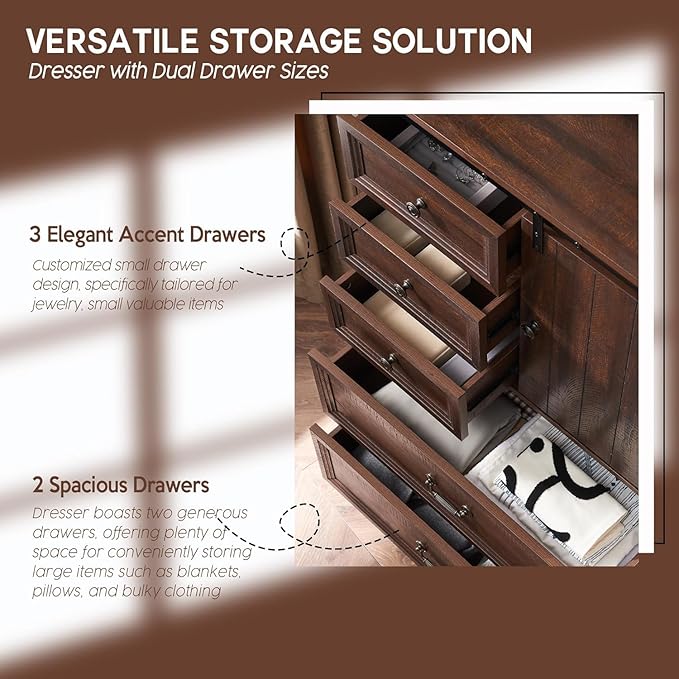 Farmhouse 5 Drawers Dresser for Bedroom, 47" Tall Chest of Drawers w/Sliding Barn Door, Rustic Wood Dressers Organizer w/Adjustable Shelves for Bedroom, Living Room, Kitchen, Brown