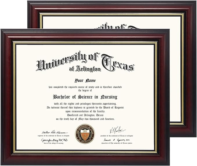 GraduationMall 8.5x11 Certificate Diploma Frame,Solid Wood & UV Protection Acrylic,Cherry Finish with Gold Trim,2 Pack
