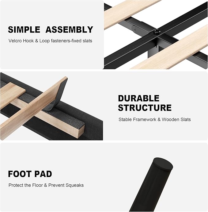 King Size Bed Frame with Fabric Upholstered Headboard, Platform Bed with Wooden Slats Support, Fully Mattress Foundation, Box Spring Optional, Easy Assembly