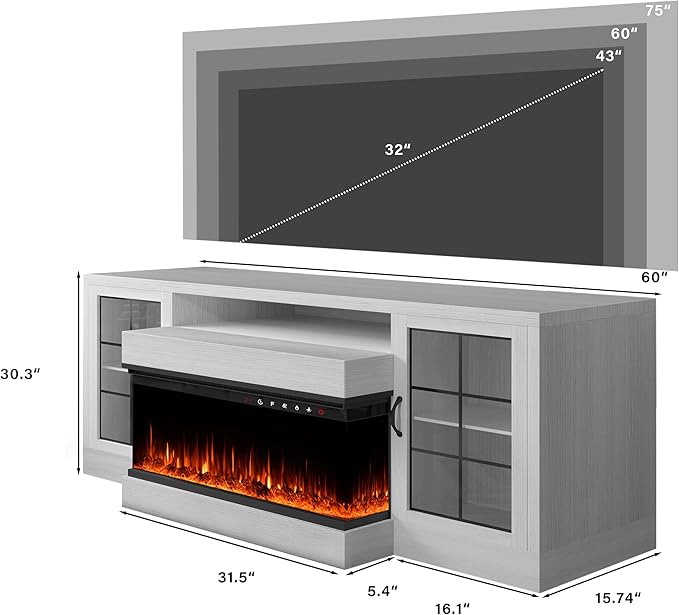 CharaVector 3-Sided Farmhouse TV Stand for TVs up to 75'', Modern TV Console with Glass Door Storage Cabinet, 60'' Large TV Stands for 30''Fireplace, White (ONLY TV Stand)