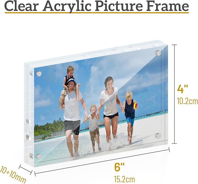 4x6 Acrylic Picture Frame 5 Pack, 20mm Thick Magnetic Double Sided Display 20% Thicker- Frameless Clear Transparent Photo Frame for Desktop/Tabletop, Self Standing with Microfiber Cloth