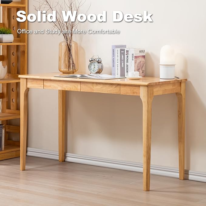 Solid Wood Desk, Gaming Study Home Office Desks for Work, Student PC Desk for Bedroom, Small Computer Desk for Small Spaces, Easy to Assemble (Wood Color, 47inch)