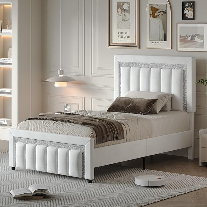 HOMBCK Twin Size Bed Frames with Headboard and Footboard, Upholstered Platform Bed with Diamond Design, Bed Frames Twin with Wooden Slats Support, No Box Spring Needed, Easy Assembly, White