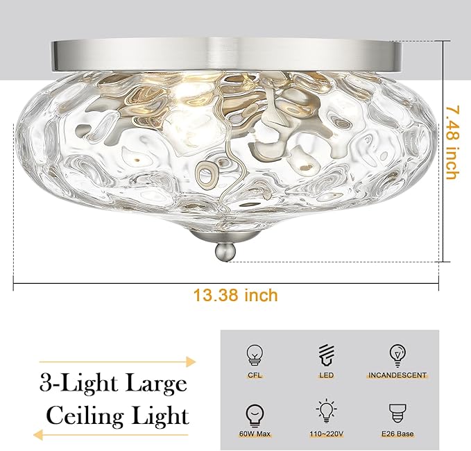 Darkaway Large Ceiling Light Fixtures 3-Ight Flush Mount Indoor Outdoor Ceiling Light with Water ipple Glass Shade for Kitchen Bedroom Living Room Dining Room Entry Porch Nickel Finish