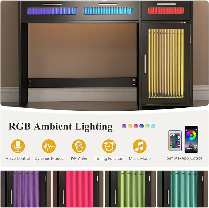 Hadulcet Makeup Vanity Desk with LED Lights Mirror, 43" Black Vanity Desk with Mirror and Lights, Sliding Mirror & RGB Drawers, Power Outlet, Dressing Table for Women Girls Bedroom