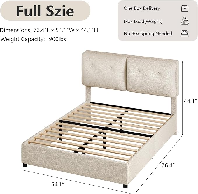 Full Bed Frames,Breathable Boucle Fabric Upholstered Bed Frame with Headboard,Removable and Washable,Wood Slat Support,No Box Spring Needed,Easy Assembly,Beige