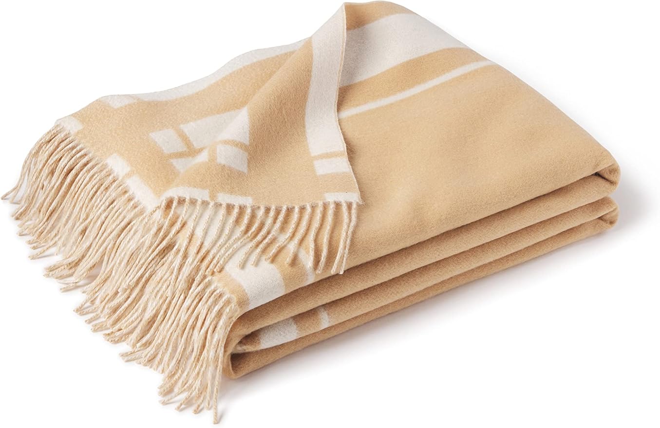 State Cashmere Reversible Throw Blanket with Fringes - Ultra Soft Accent Blanket for Couch, Sofa & Bed - Made with Merino Wool & Cashmere Sourced from Inner Mongolia - (Camello/Beige, 70"x50")