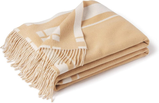 State Cashmere Reversible Throw Blanket with Fringes - Ultra Soft Accent Blanket for Couch, Sofa & Bed - Made with Merino Wool & Cashmere Sourced from Inner Mongolia - (Camello/Beige, 70"x50")