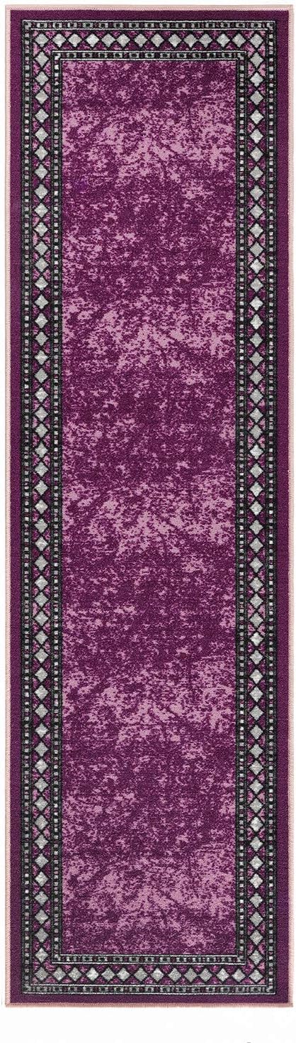 Antep Rugs Alfombras Modern Bordered 2x7 Non-Skid (Non-Slip) Low Profile Pile Rubber Backing Indoor Area Runner Rugs (Purple, 2' x 7')