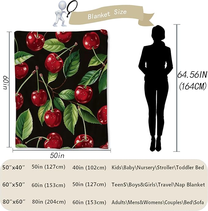 Cherry Blanket - Ultra Soft, Fluffy, Lightweight Fruit Flannel Throw Blankets for Couch, Bed, Travel, Outdoor - Cozy, Fuzzy Home Decor, for Adults Kids Women Boys Girls 50×40 in