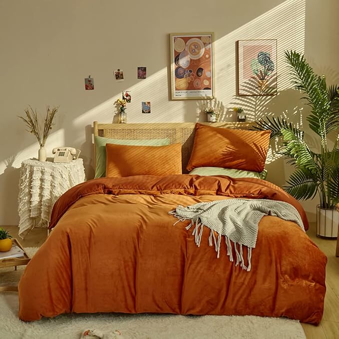CLOTHKNOW Burnt Orange Queen Comforter Set 3Pcs Velvet Bedding Comforter Sets Rust Comforter Terracotta Comforter Queen with 2 x Pillow Cases