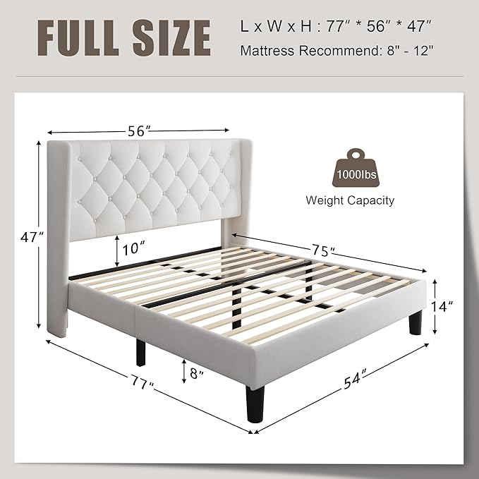 Full Size Upholstered Bed Frame with Wingback Headboard, Fabric Linen Platform Bed, 8" Under Bed Storage, Wooden and Metal Slats Support, No Box Spring Needed, Noise Free, White
