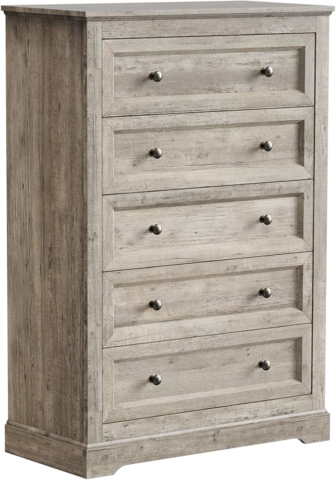 Farmhouse Dresser 5 Drawer, Bedroom Chest of Drawers, Dressers with 5 Drawers, Wooden Dressers for Bedroom, Living Room, Tv Stand, Entryway (Grey-5 Drawers)