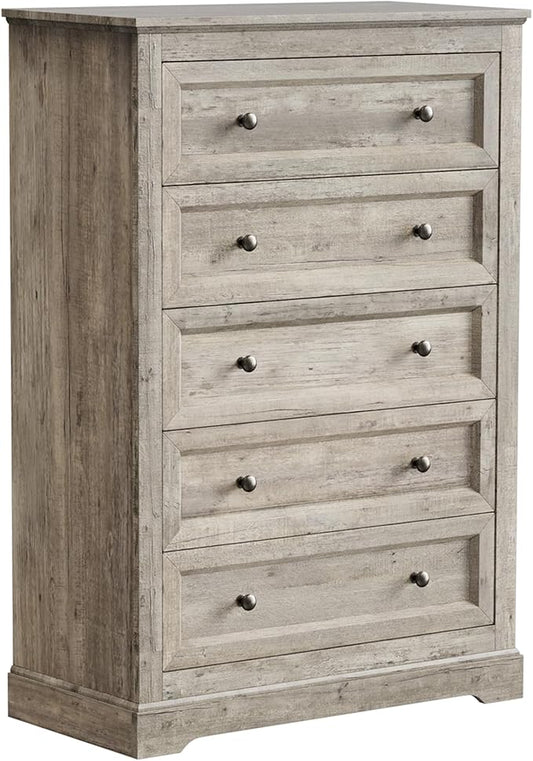 Farmhouse Dresser 5 Drawer, Bedroom Chest of Drawers, Dressers with 5 Drawers, Wooden Dressers for Bedroom, Living Room, Tv Stand, Entryway (Grey-5 Drawers)