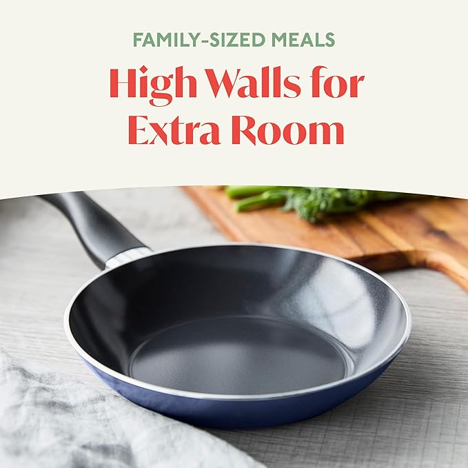 Deco 8” Nonstick Frying Pan Skillet, Made in Italy, Diamond Ceramic PFAS-Free, Dishwasher & Metal Utensil Safe, Durable Gloss Enamel Finish, Stay-Cool Handle, High Walls-Extra Room, Blue