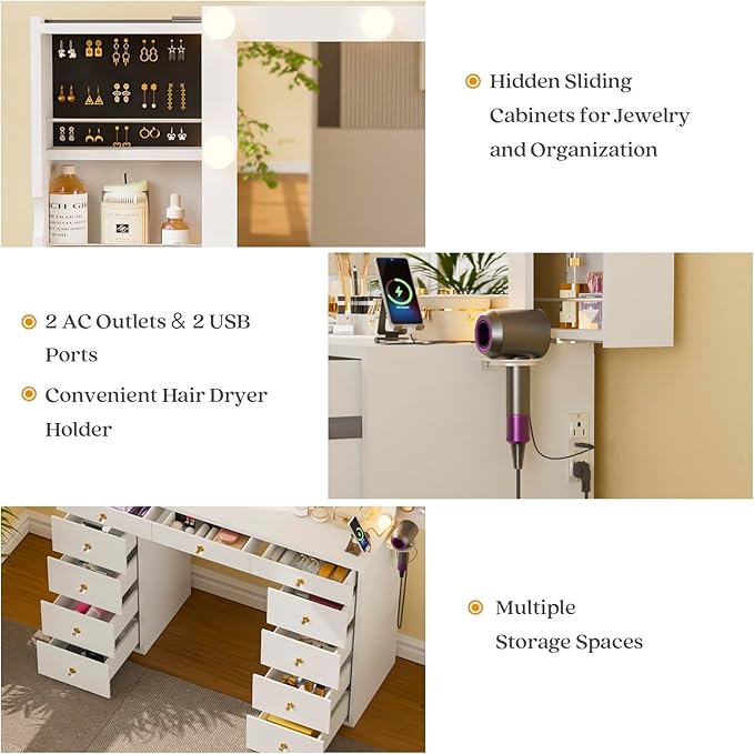 Likein Vanity Desk with Mirror and Lights, White Vanity with Hidden Jewelry Storage Cabinet, Charging Station, 11 Drawers Makeup Vanity with Lights, Crystal Knobs, 3 Color Lighting Modes for Girls