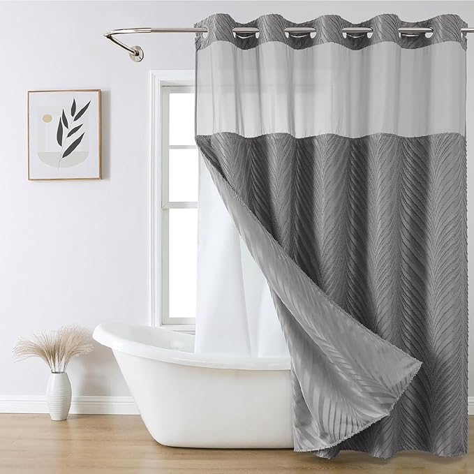 no Hook Shower Curtain and Liner Set，Boho Style with See Through Top Window, Grey Fabric Tufted Striped Textured Outer Curtain & Waterproof Inner Liner, Grey/Gray, 71Wx86H