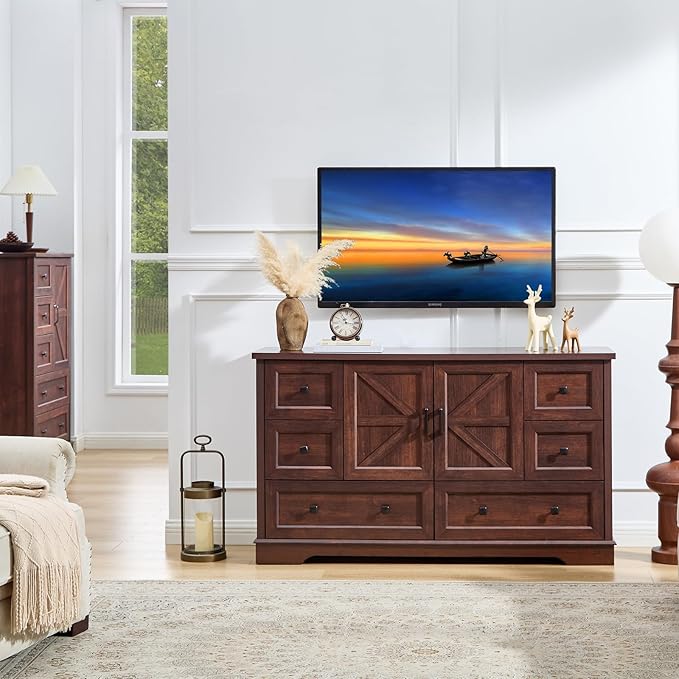 SOOWERY Dresser for Bedroom, Farmhouse Dresser with 6 Wooden Drawers and Storage Cabinet, 55 Inches Tall Chest of Drawers for Bedroom, Living Room, Hallway, Dark Cherry