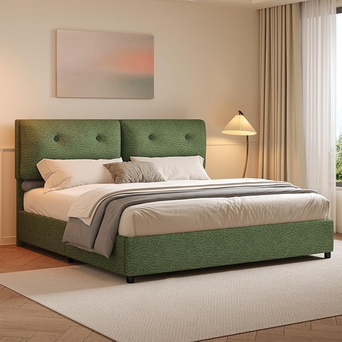 King Bed Frames,Breathable Boucle Fabric Upholstered Bed Frame with Headboard,Removable and Washable,Wood Slat Support,No Box Spring Needed,Easy Assembly,Green