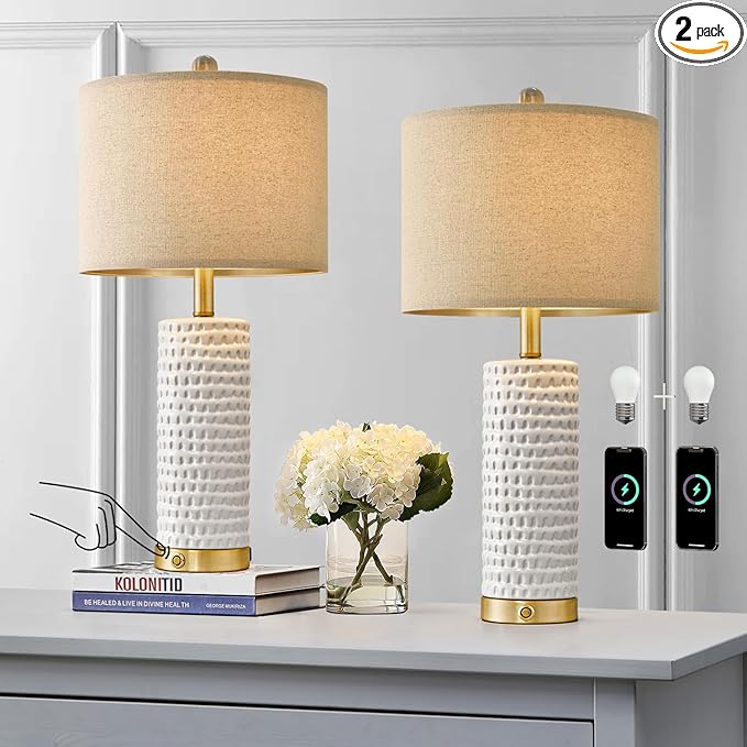 PORTRES 24" Farmhouse 3-Way Dimmable Touch Ceramic Table Lamp Set of 2 for Bedroom White Bedside Lamps with USB A+C Charging Ports for Living Room Nightstand Lamp End Table Lamps