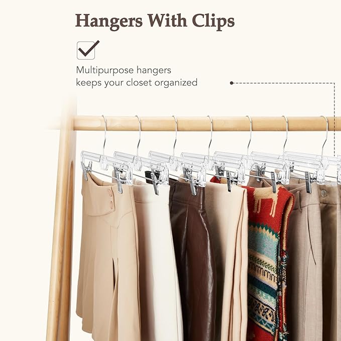 HOUSE DAY Bulk Clear Pants Hangers with Clips 500 Pack, Non-Slip Plastic Skirt Hanger with 2 Adjustable Clips, Slim Clip Hangers for Pants, Skirts, Shorts, 14" Clear Hanger, 360-Rotating Swivel Hook