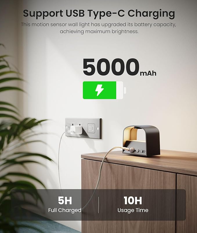 FULEN Motion Sensor Wall Light with Remote Control 3 Colors Wireless Wall Lamp LED Indoor Up and Down Wall Sconce 5000mAh Rechargeable Battery Powered Wall Lamps Brightness Adjustable, Black 2 Pack