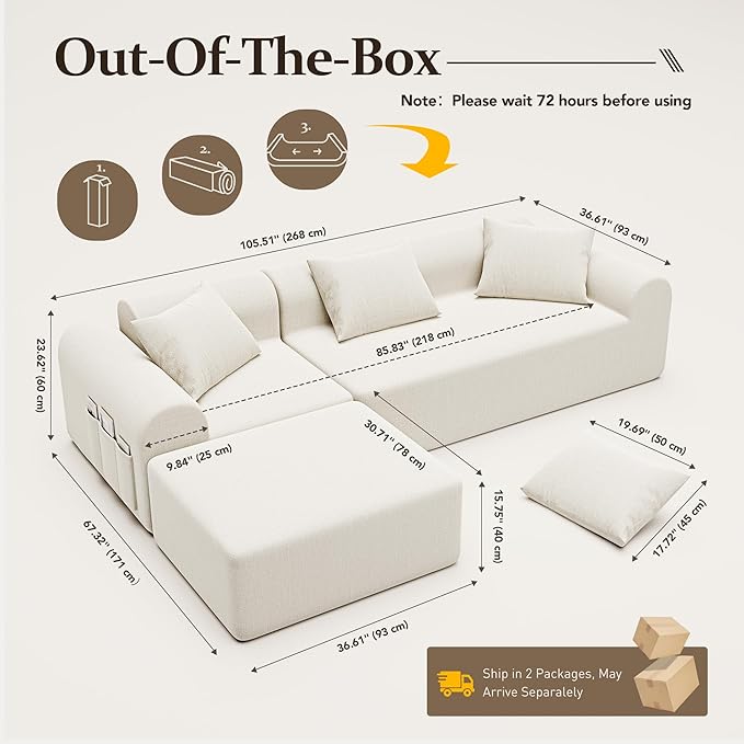 105.5" Cloud Sectional Couch with Ottoman & 4 Pillows, L Shaped Couches Boneless Sofa for Living Room, Chenille Fabric Deep Seat Comfy Couch, No Assembly Required, 72h to Restore