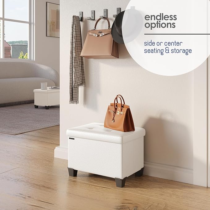 STORAGEBUD Storage Ottoman Cube with Small Bin, 16-in Square Ottoman with Storage for Living Room and Bedroom, Small Ottomans Foot Rest, Faux Leather Foot Stools Ottomans Max 330lbs, Cream