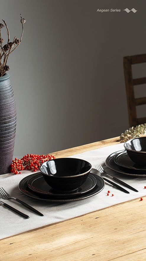 Famiware Aegean Stoneware Dinnerware Set for 8, Plates and Bowls Sets, 24 Pieces Scratch Resistant Dinner Set, Handmade Irregular Round Dishes - Microwave and Dishwasher Safe, Black Coffee