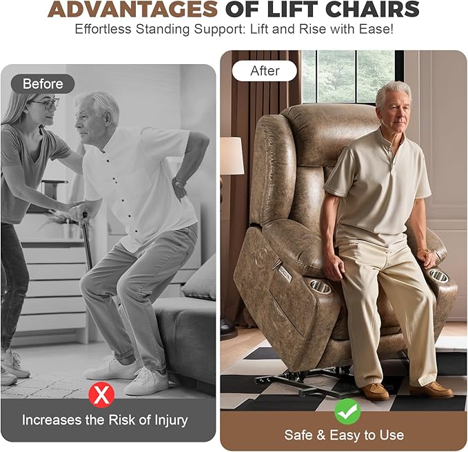 HUSFU Oversized Power Lift Recliner Chairs for Elderly with Massage and Heat, Extra Wide Recliners,Breathable Leather Lift Chairs w/Cup Holders, USB & Type-C Ports, Brown,2PCS