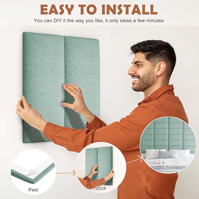 IFNOW Upholstered Wall Mounted Headboard, 3D Soundproof Wall Panels Peel and Stick for King Size, Reusable and Removable Tufted Bed Headboard in Grass Green (12 Panels, 10" x 24")