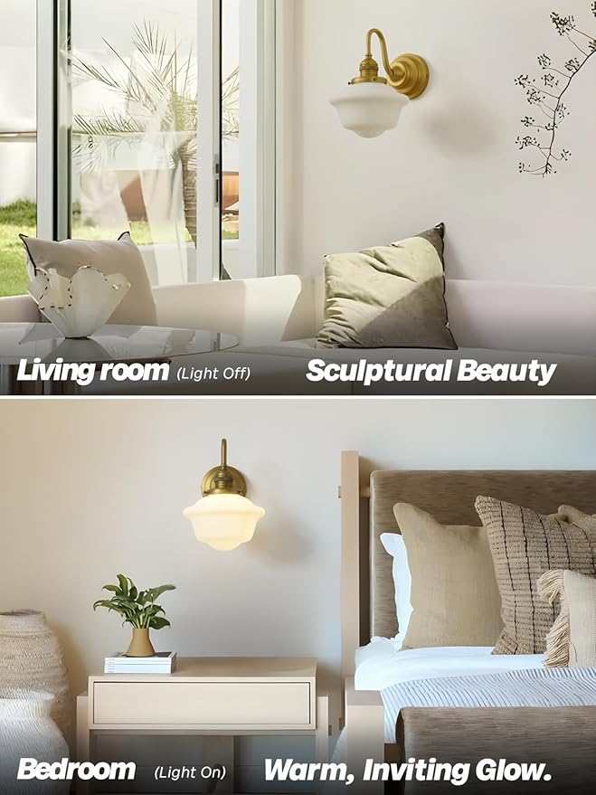 Vintage Wall Sconces Antique Brass Gold Bathroom Vanity Light with Milk Glass Hardwire Wall Sconce Light Lamp for Bathroom Mirror Living Room Bedroom Kitchen Indoor