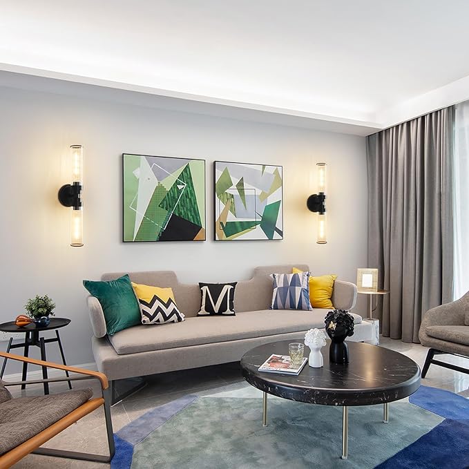 Bathroom Light Fixtures, Black Wall Sconce in Threaded Glass Indoor Vanity Lights, Modern Bathroom Vanity Light Up and Down Sconces Wall Lighting for Bathroom, Living Room - Bulb Not Included