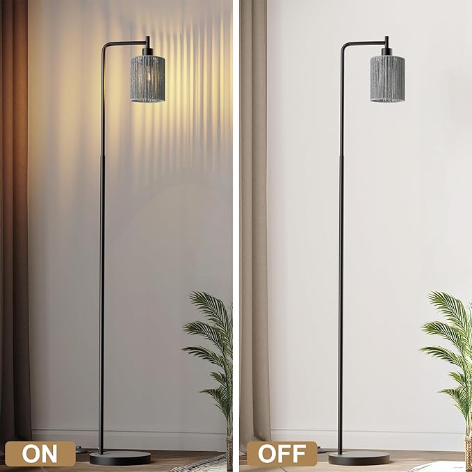 Oneach 66" Black Floor Lamp for Living Room, Boho Floor Lamp with LED Bulb, Foot Switch, Gray Rattan Shade, Industrial Tall Farmhouse Standing Lamp for Bedroom, Dining Room, Study Room, Office