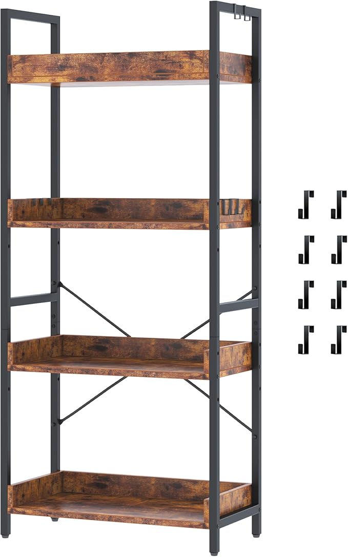 HCHQHS 4 Tier Bookshelf, Adjustable Industrial Bookcase, Vertical Tall Book Shelf, Wood and Black Metal Open Bookshelves for Home Office, Living Room, Bedroom