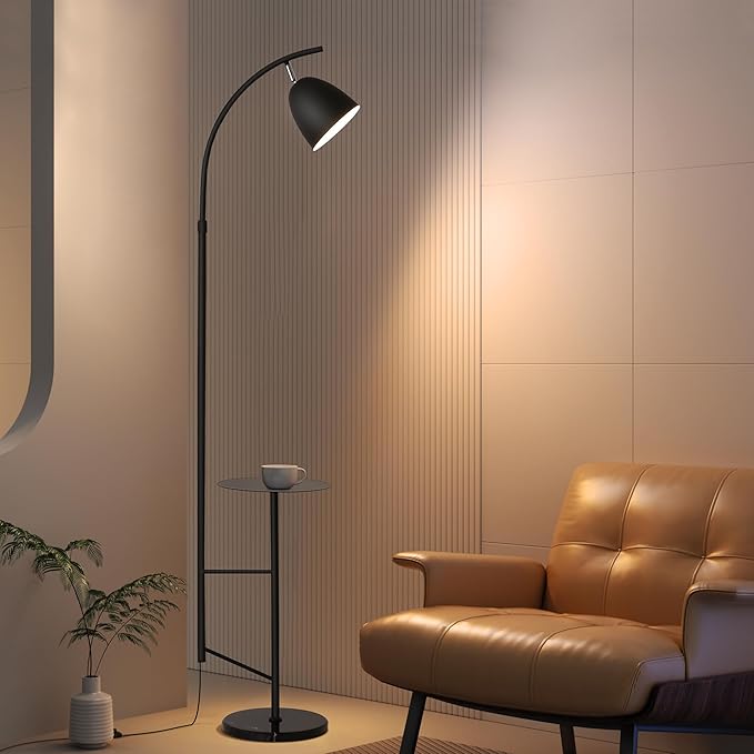 O'NEELDY Floor Lamp with Table Black Floor Lamp Modern Floor Lamp Bedroom with Table Attached Modern Dimmable Lamps for Living Room 71" Height Standing Lamps for Office Reading Room,E26 Bulb Included