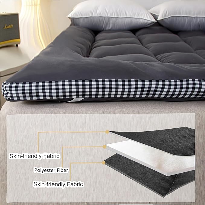 Thick Mattress Topper Full Size - Non-Slip Mattress Pad Cover for Back Pain Breathable Folding Sleeping Pad Machine Washable Mattress Protector (54x75 inch,Black)