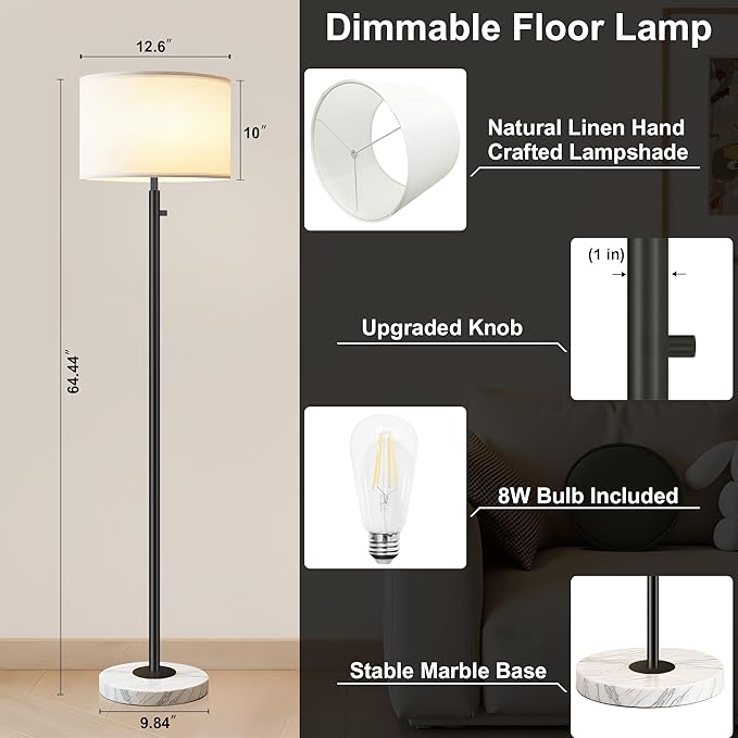 Floor Lamp for Living Room,Dimmable Floor Lamp, Modern Standing Lamp with Marble Base,Tall Standing Lamp for Bedroom, Reading, Office & Kids' Room,LED Bulb Included(Black)