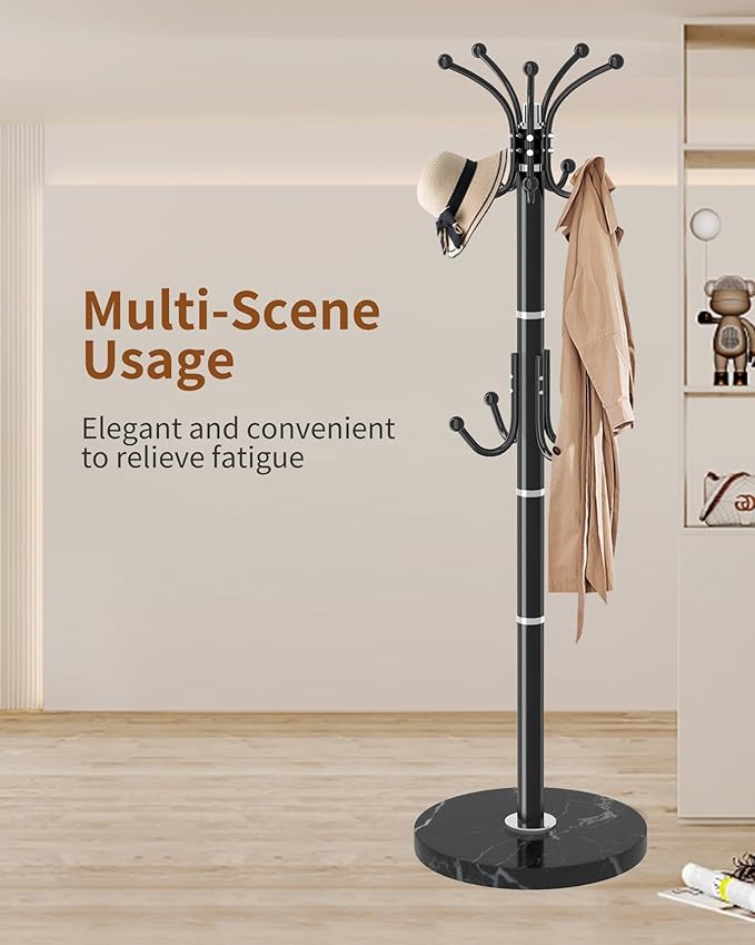 Metal Coat Rack Stand with Natural Marble Base, Modern Coat Rack Freestanding, 360°Rotary Coat Racks with 14 Hooks, Black Coat Stand Hall Tree Hanger Stand for Entryway, Office，Corner