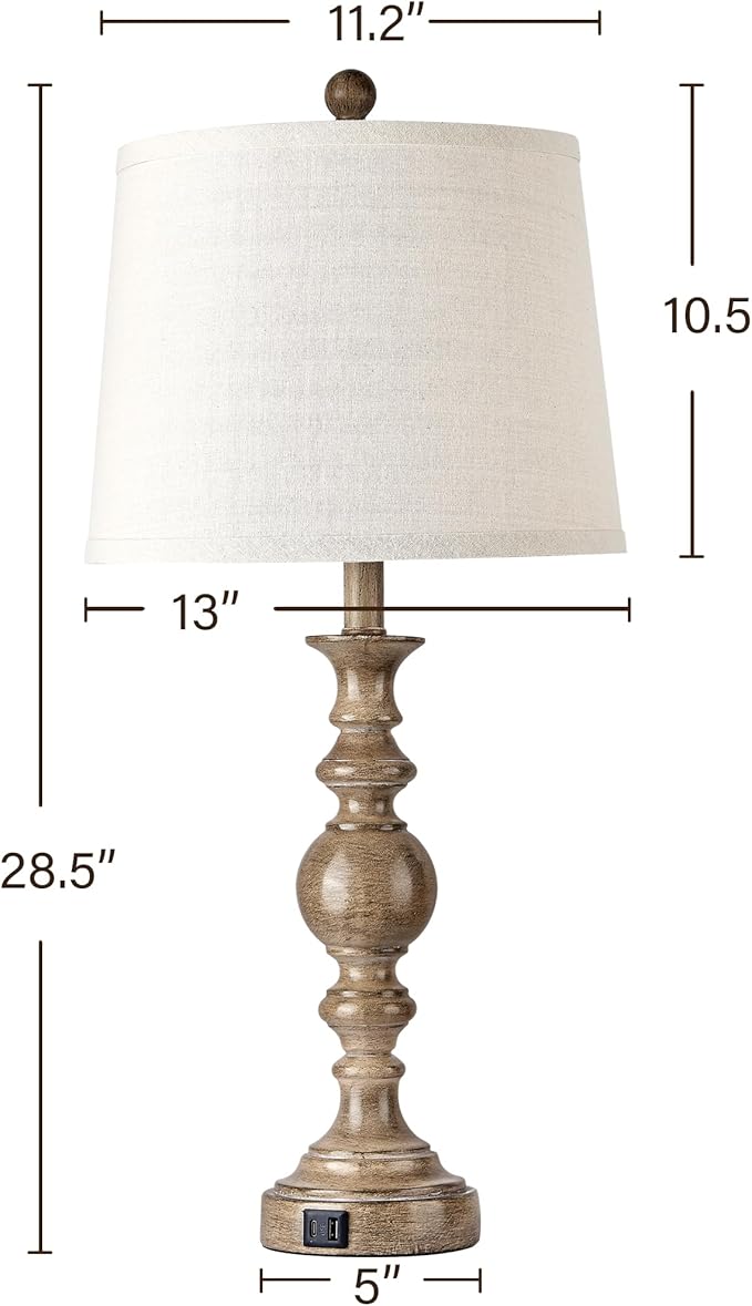Farmhouse Table Lamps for Living Room Set of 2, Rustic Table Lamp with USB Ports, 28" Tall Table Lamps for Bedroom Nightstand, Bulb Not Included